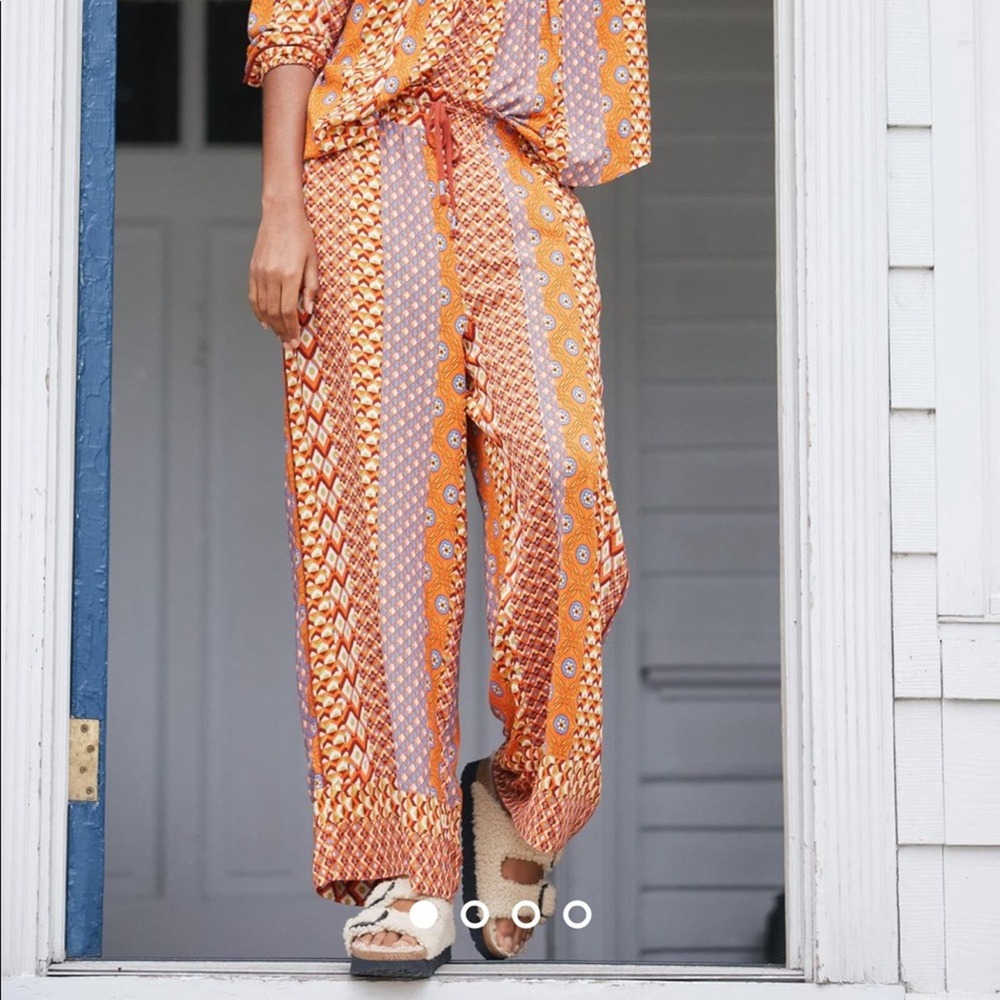ANTHROPOLOGIE Lively Printed Pants Pajama Orange Geometric Boho Loungewear Small